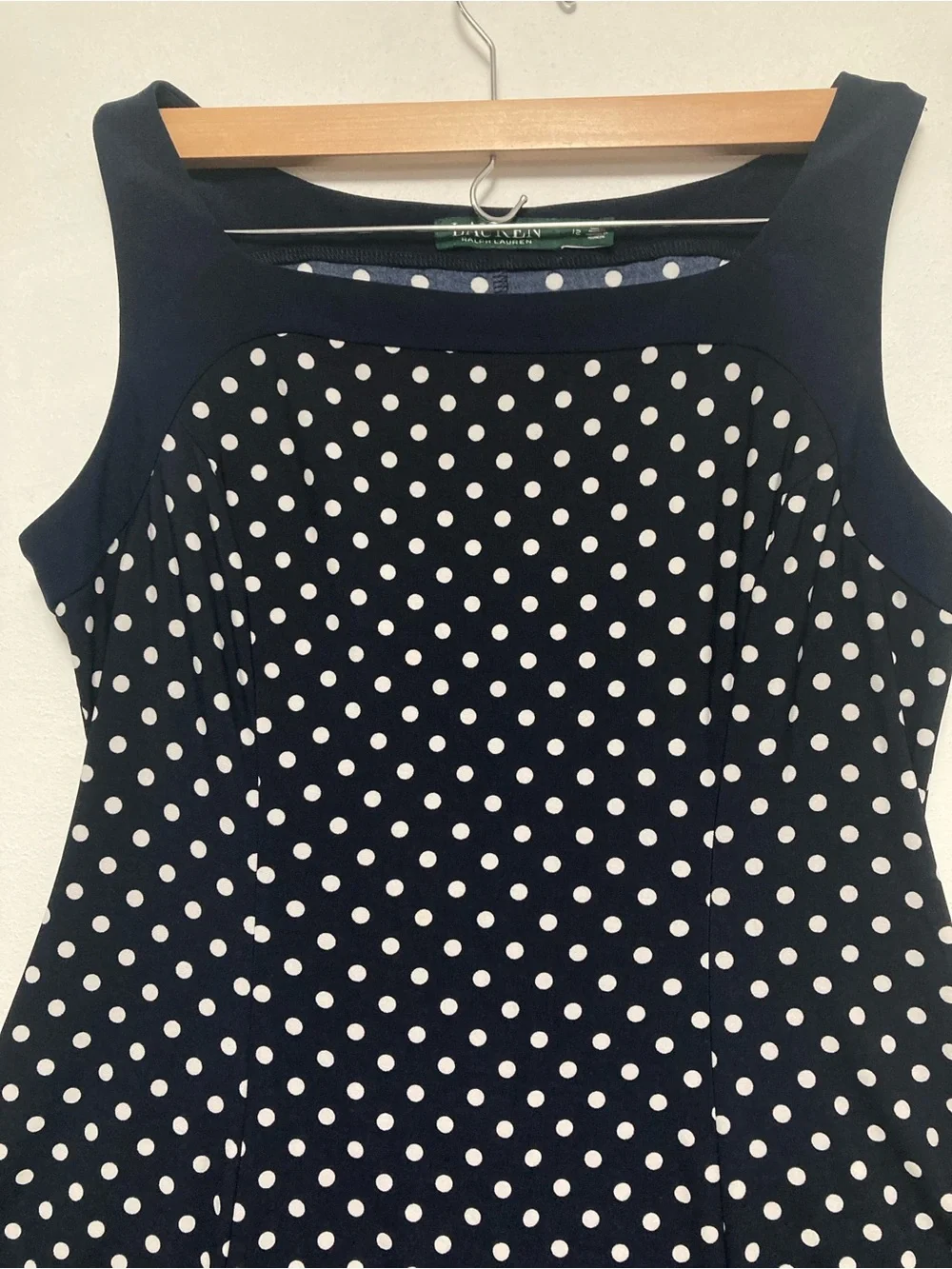 Lauren Ralph Lauren Navy Blue &White Polka Dot Sleeveles Midi Dress Size 12